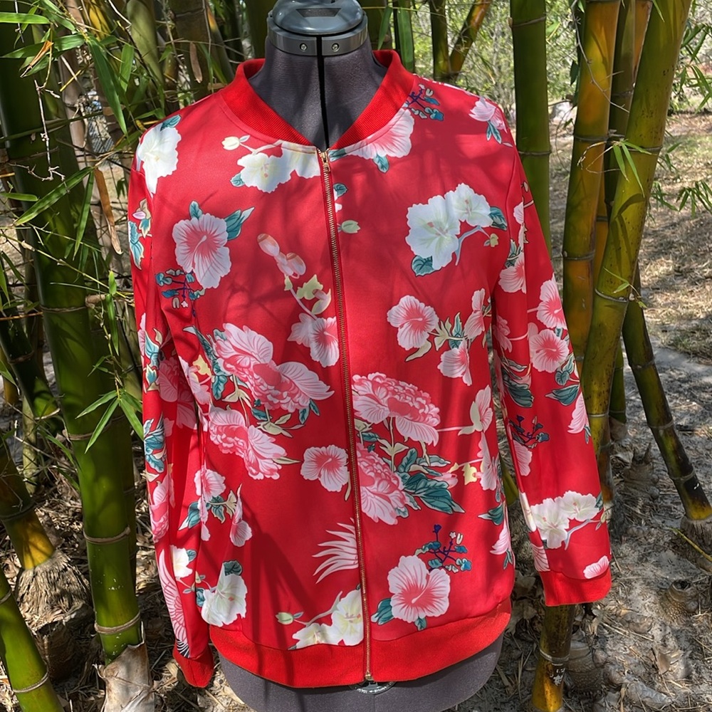 ECOWISH Women's Casual Floral Zip Up Bomber Jacket - Picture 5 of 9